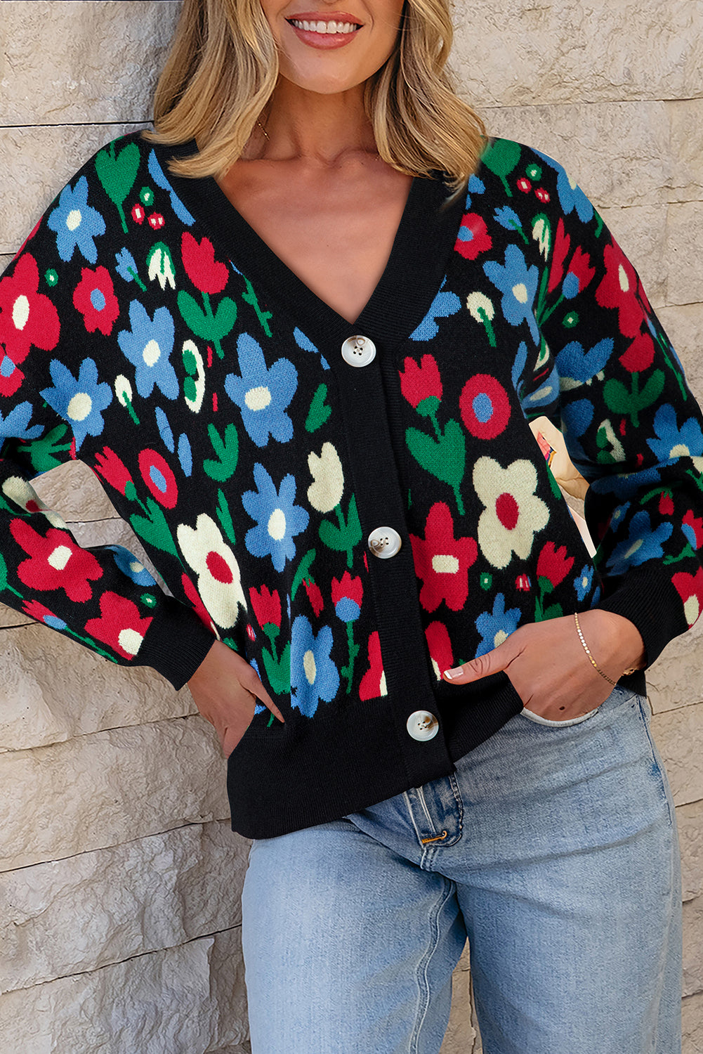 V-Neck Sweater with Colorful Floral Design