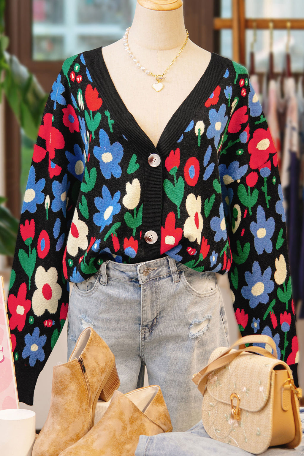 V-Neck Sweater with Colorful Floral Design