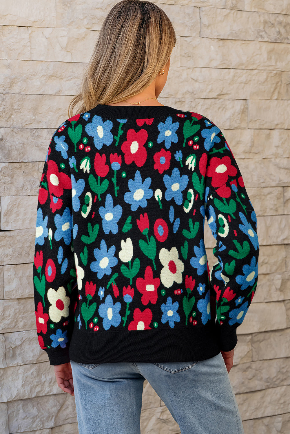 V-Neck Sweater with Colorful Floral Design