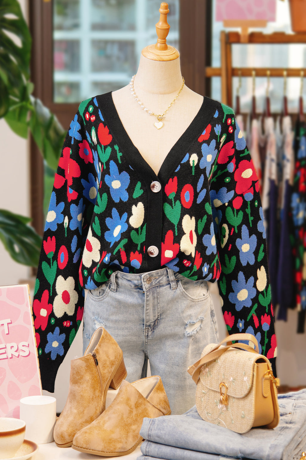V-Neck Sweater with Colorful Floral Design
