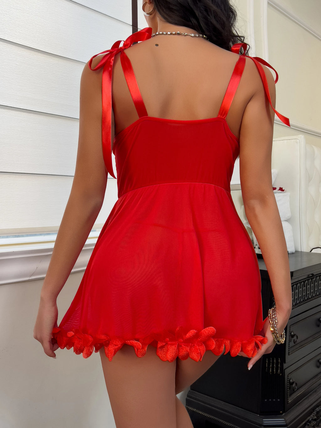 Red Babydoll by LuckeLadybug LLC, perfect as a men valentines gift with stylish ribbons and floral accents