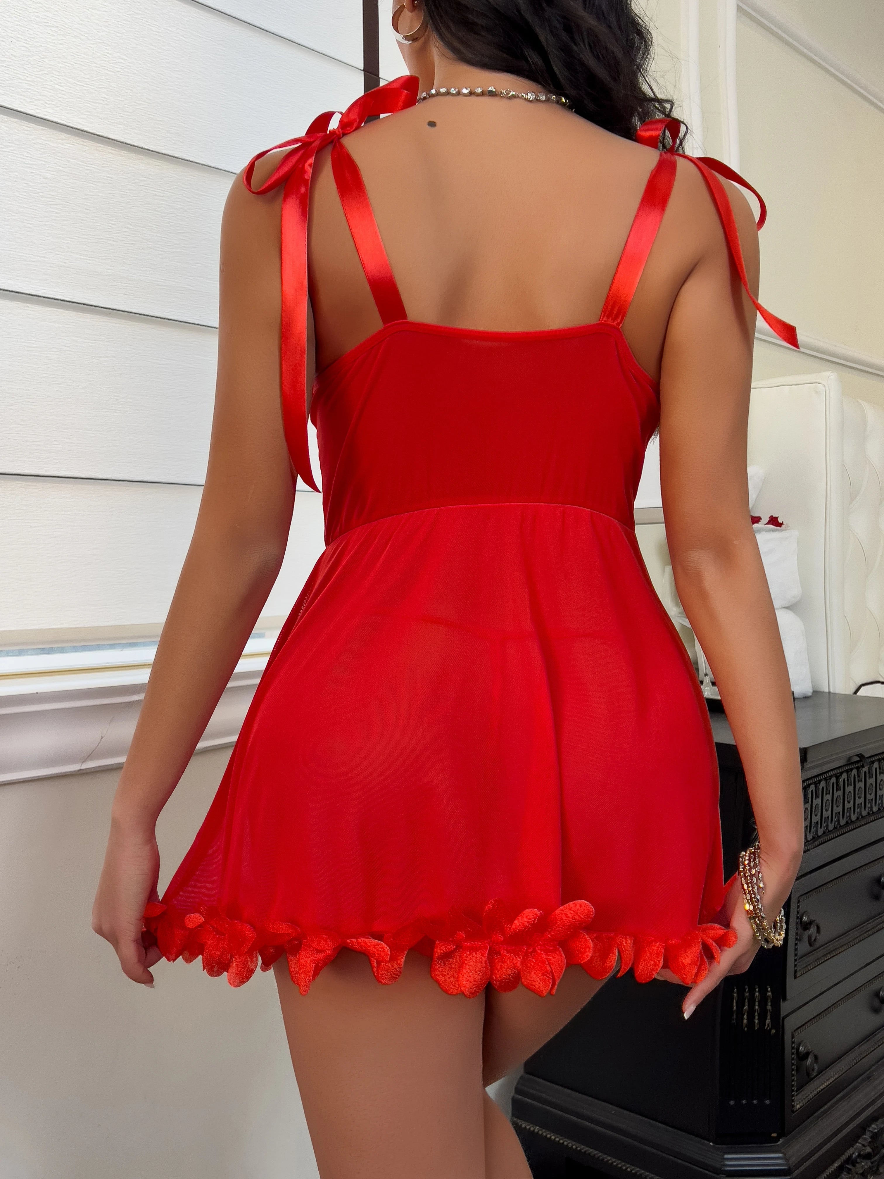 Red Babydoll by LuckeLadybug LLC, perfect as a men valentines gift with stylish ribbons and floral accents