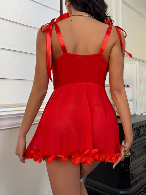 Red Babydoll by LuckeLadybug LLC, perfect as a men valentines gift with stylish ribbons and floral accents