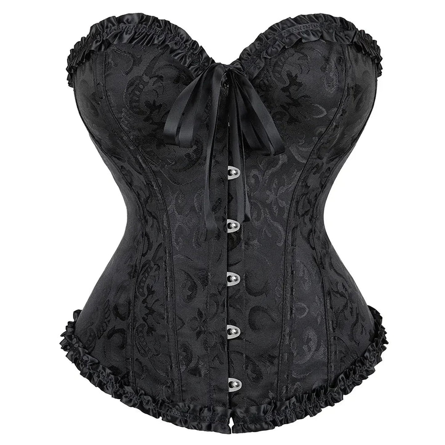 LuckeLadybug LLC 2025 lace-up corset bustier in black with elegant ruffle details and button closure.