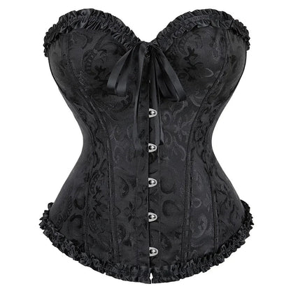 LuckeLadybug LLC 2025 lace-up corset bustier in black with elegant ruffle details and button closure.