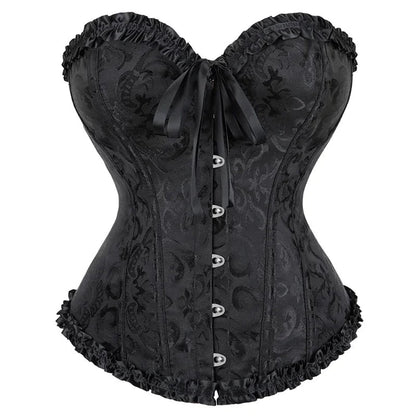 LuckeLadybug LLC 2025 lace-up corset bustier in black with detailed floral pattern and ruffled edges