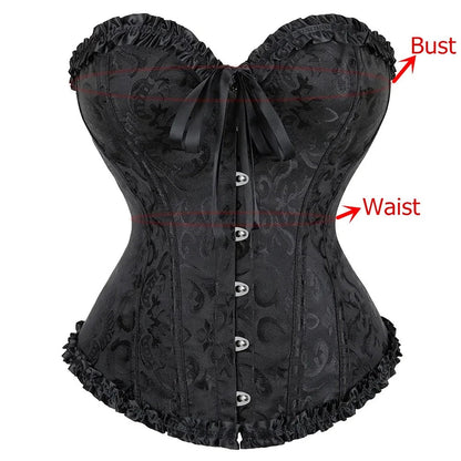Black 2025 lace-up corset bustier with intricate patterns and adjustable front closure