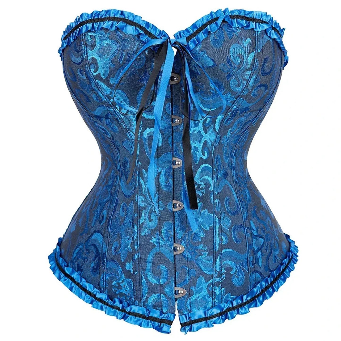 2025 lace-up corset bustier in blue with elegant patterned design and ribbon detail