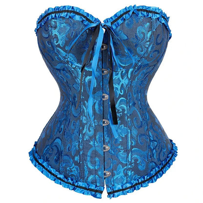 2025 lace-up corset bustier in blue with elegant patterned design and ribbon detail