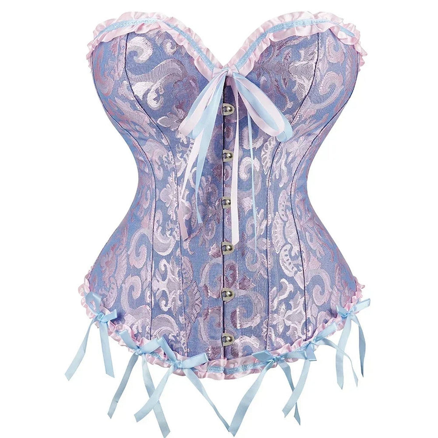 2025 lace-up corset bustier in lavender with decorative ribbons and lace trim for a chic look