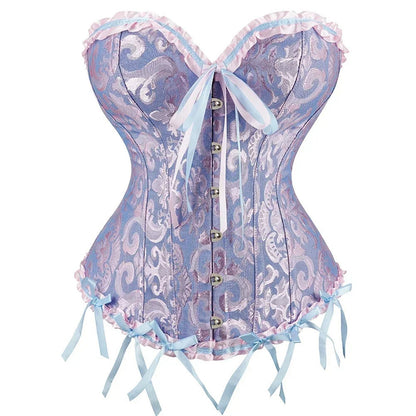 2025 lace-up corset bustier in lavender with decorative ribbons and lace trim for a chic look
