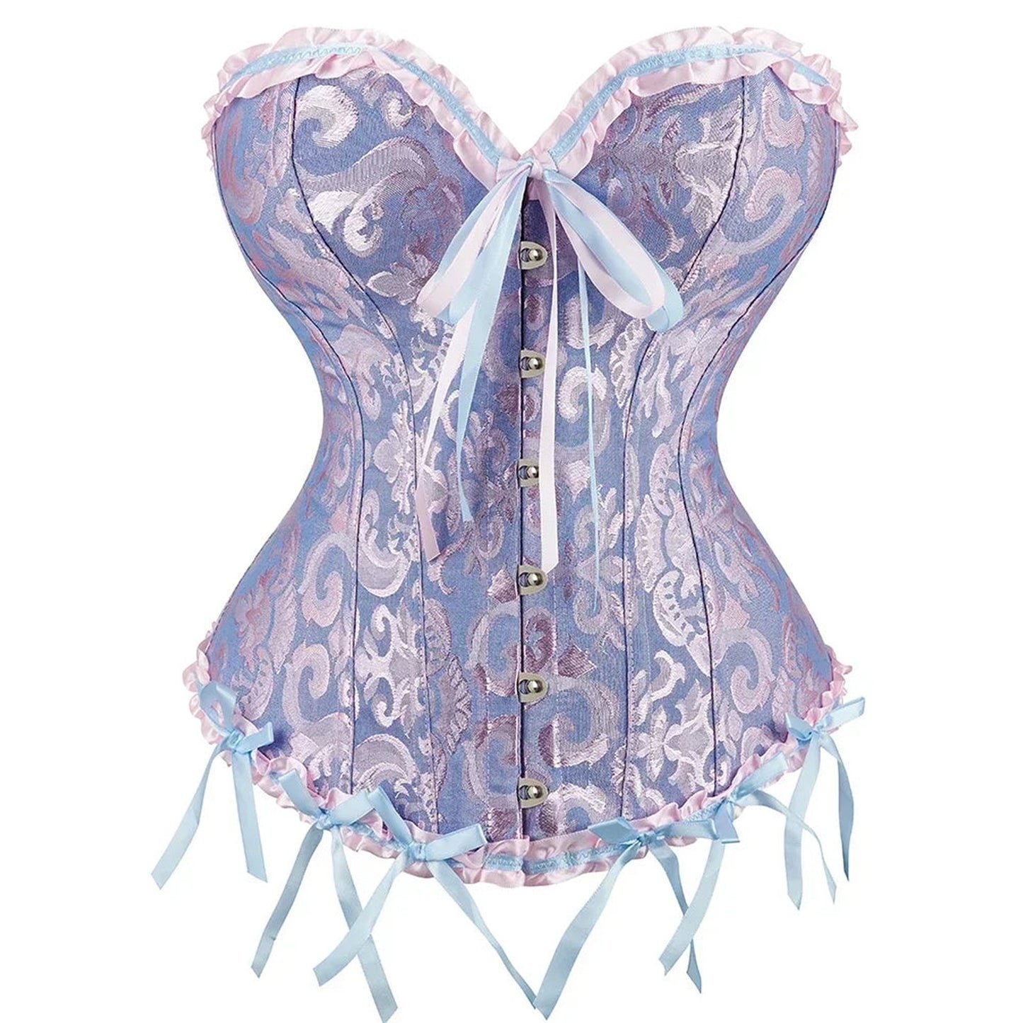 Elegant 2025 lace-up corset bustier in purple with lace trim and satin ribbons for a stylish look