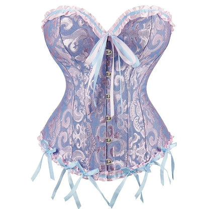 Elegant 2025 lace-up corset bustier in purple with lace trim and satin ribbons for a stylish look