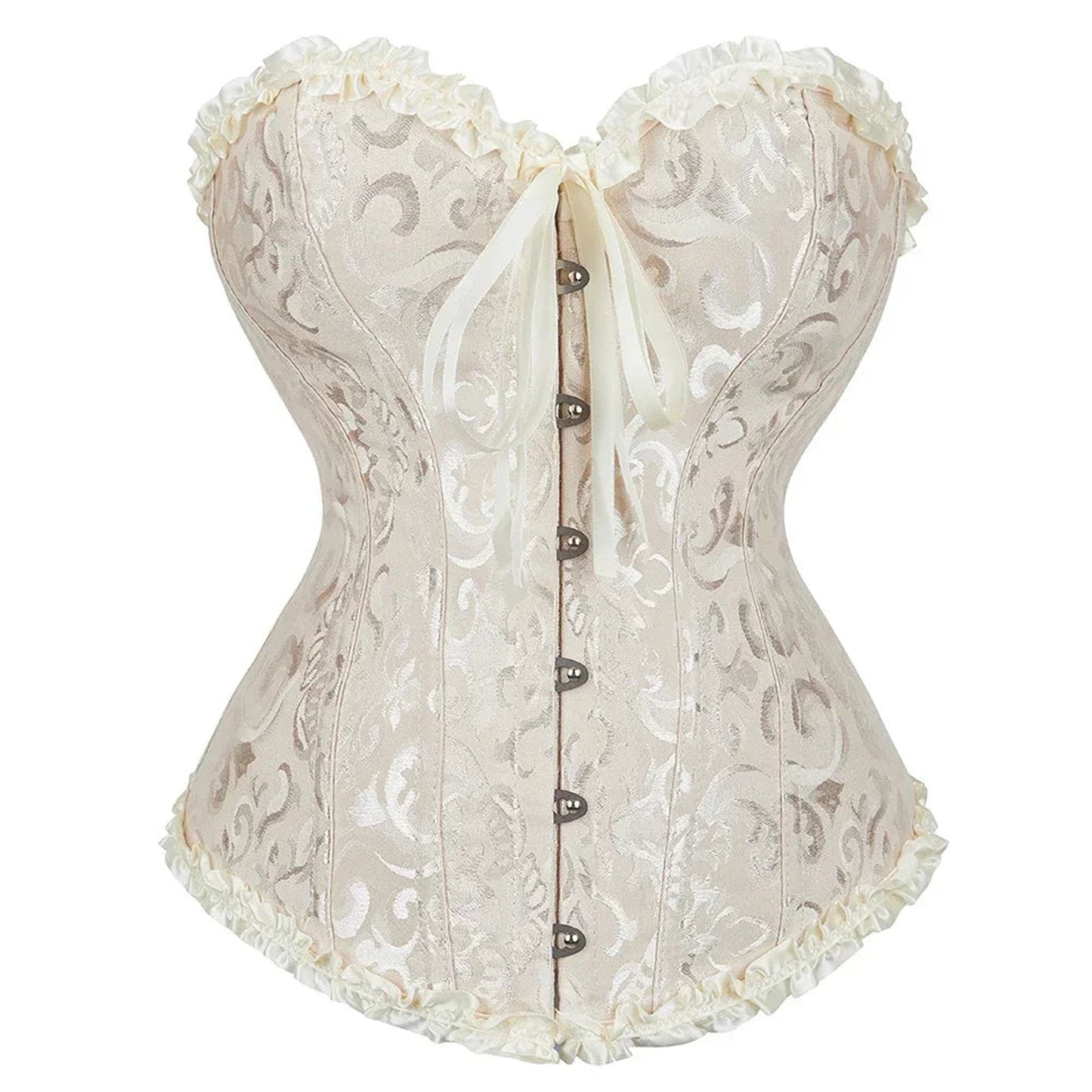 Elegant 2025 lace-up corset bustier in cream with intricate floral design and ruffled edges