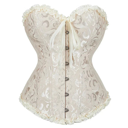 Elegant 2025 lace-up corset bustier in cream with intricate floral design and ruffled edges