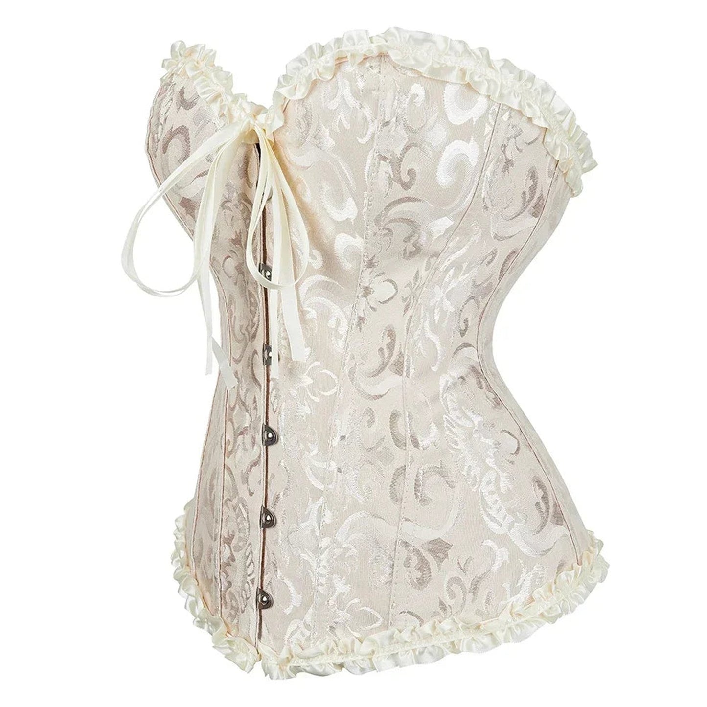 Elegant 2025 lace-up corset bustier with floral pattern and delicate ruffle trim for a flattering silhouette