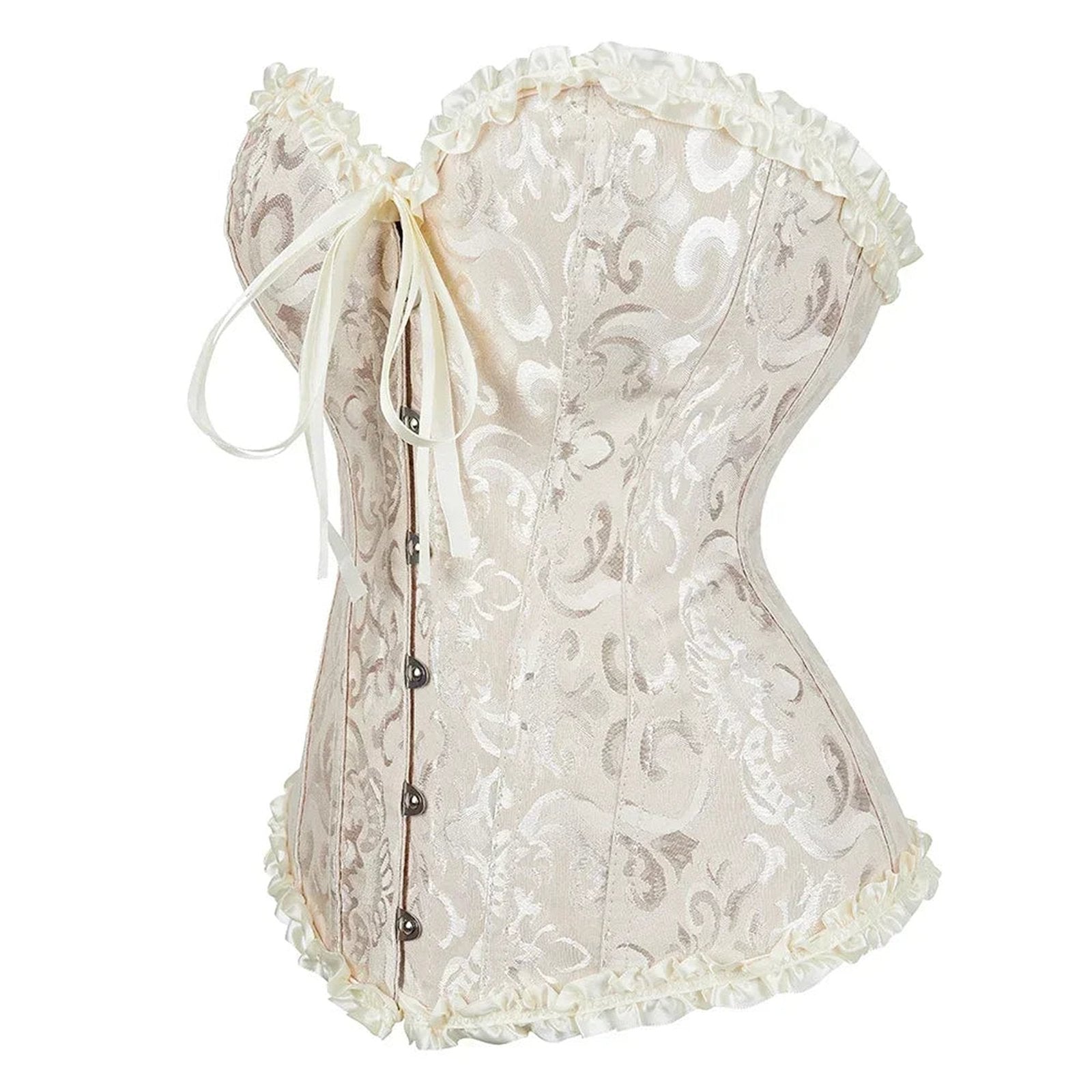 Elegant 2025 lace-up corset bustier with floral pattern and delicate ruffle trim for a flattering silhouette