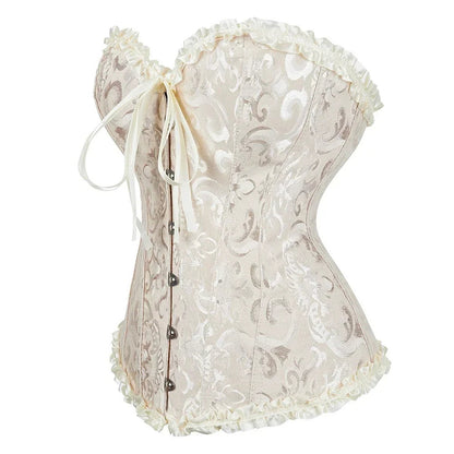 Elegant 2025 lace-up corset bustier with floral pattern and delicate ruffle trim for a flattering silhouette
