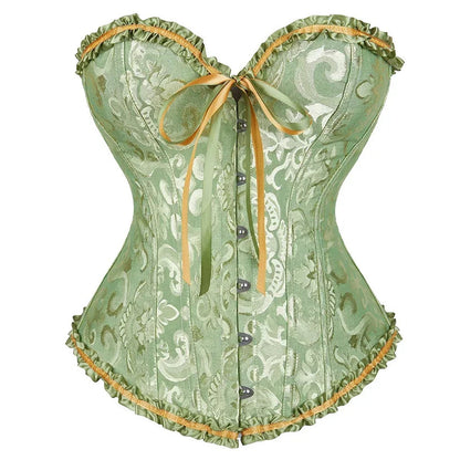 Elegant 2025 lace-up corset bustier in green with decorative ruffles and satin ribbon detailing