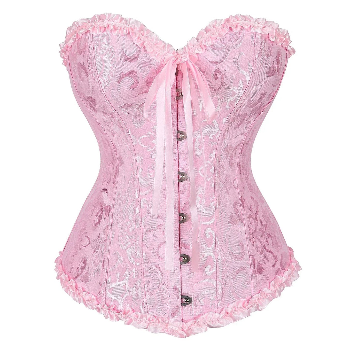 2025 lace-up corset bustier in pink with lace details and ruffled edges for a flattering silhouette