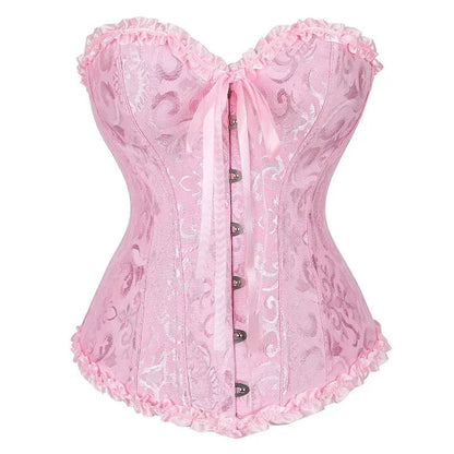 LuckeLadybug LLC 2025 lace-up corset bustier in pink with delicate ruffles and satin ribbons