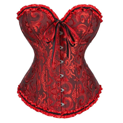 LuckeLadybug LLC 2025 lace-up corset bustier in red with floral design and ruffled edges