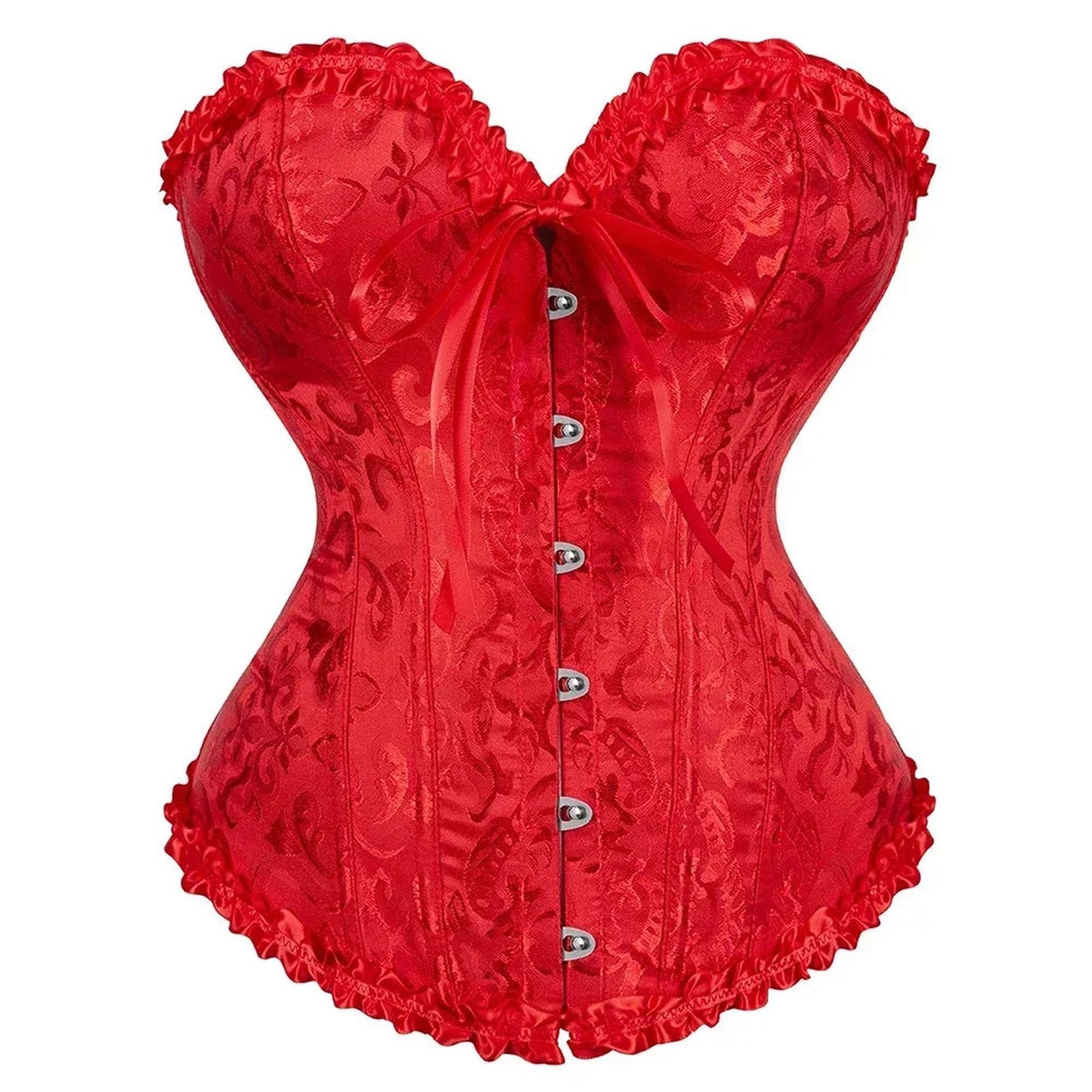 2025 lace-up corset bustier in red with floral pattern and ruffled trim, perfect for stylish occasions