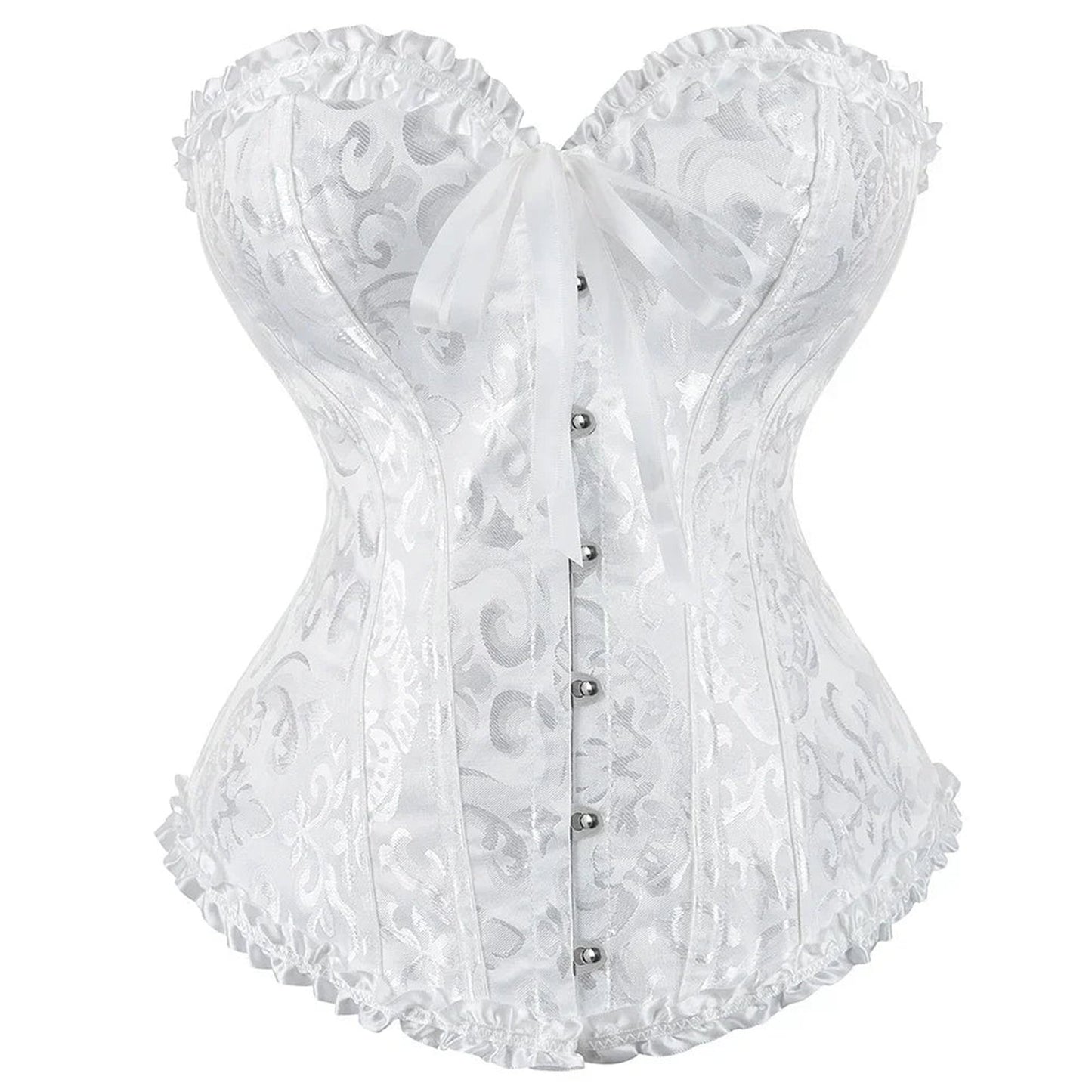 Elegant 2025 lace-up corset bustier in white with intricate floral design and front buttons