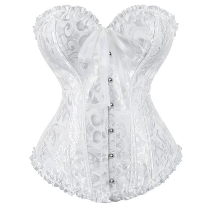 Elegant 2025 lace-up corset bustier in white with intricate floral design and front buttons