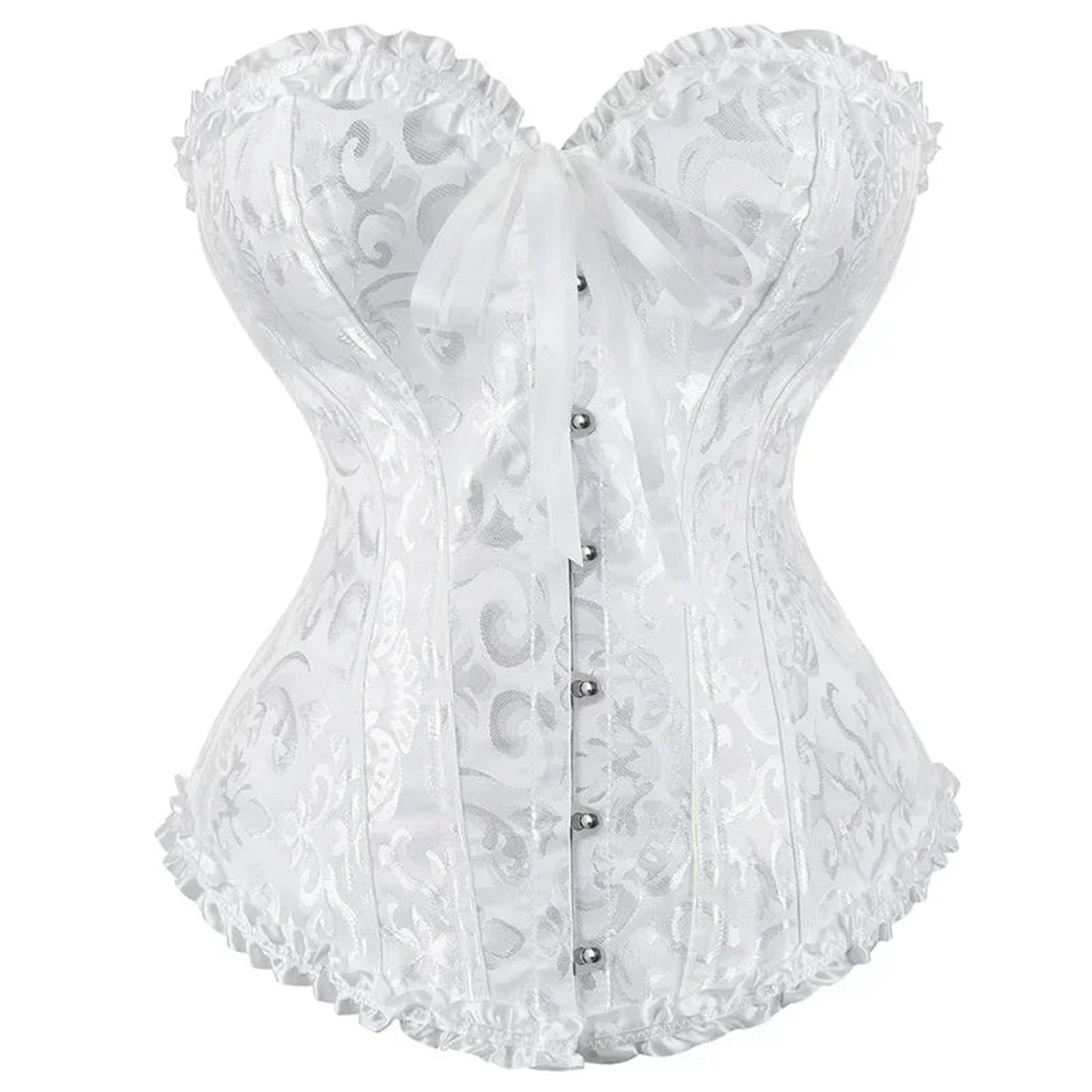 Elegant white 2025 lace-up corset bustier with floral pattern and ribbon detail for formal occasions