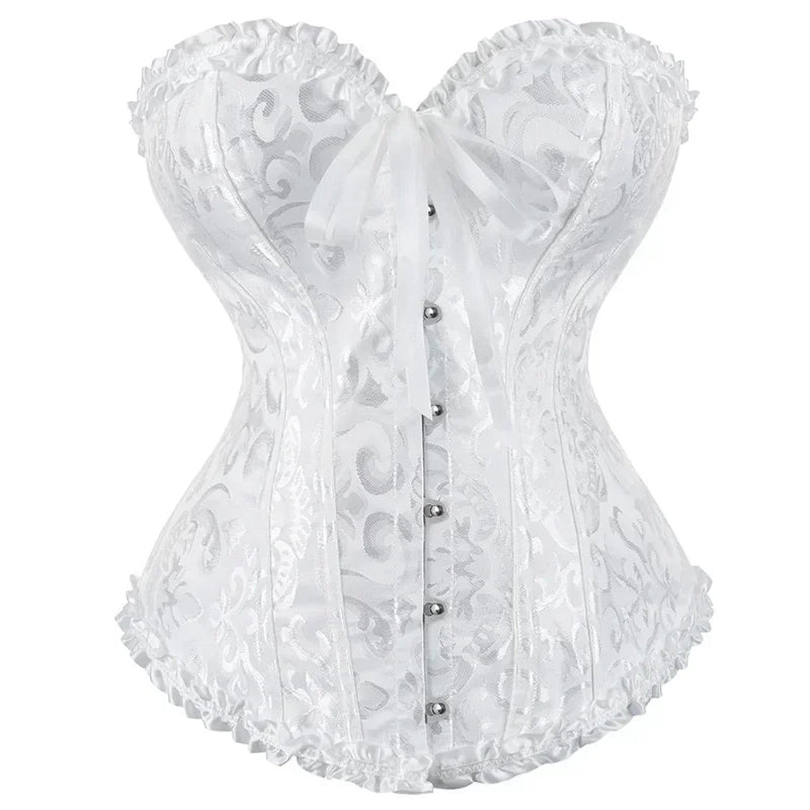 Elegant white 2025 lace-up corset bustier with floral pattern and ribbon detail for formal occasions