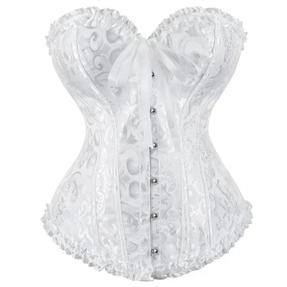 Elegant white 2025 lace-up corset bustier with floral pattern and ribbon detail for formal occasions