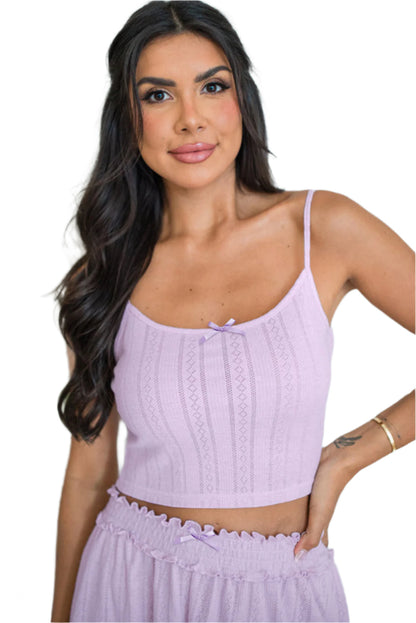 LuckeLadybug lavender cami top as part of 3 piece loungewear set for women with delicate knit pattern