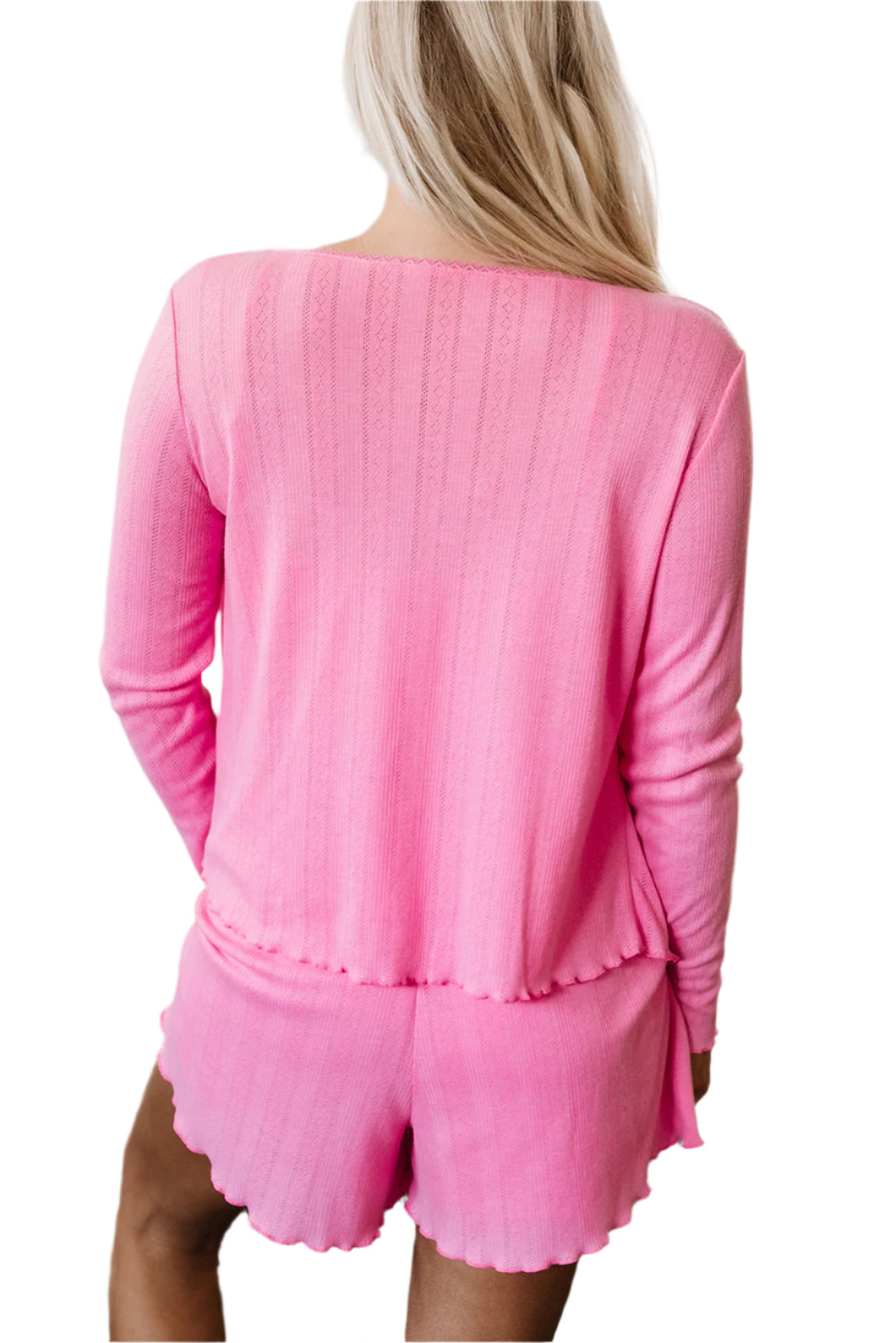 Back view of LuckeLadybug pink cami and shorts in soft fabric 3 piece loungewear set for women