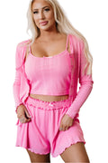 LuckeLadybug pink cami and shorts in 3 piece loungewear set for women with matching cardigan
