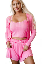 LuckeLadybug pink cami and shorts in 3 piece loungewear set for women with matching cardigan