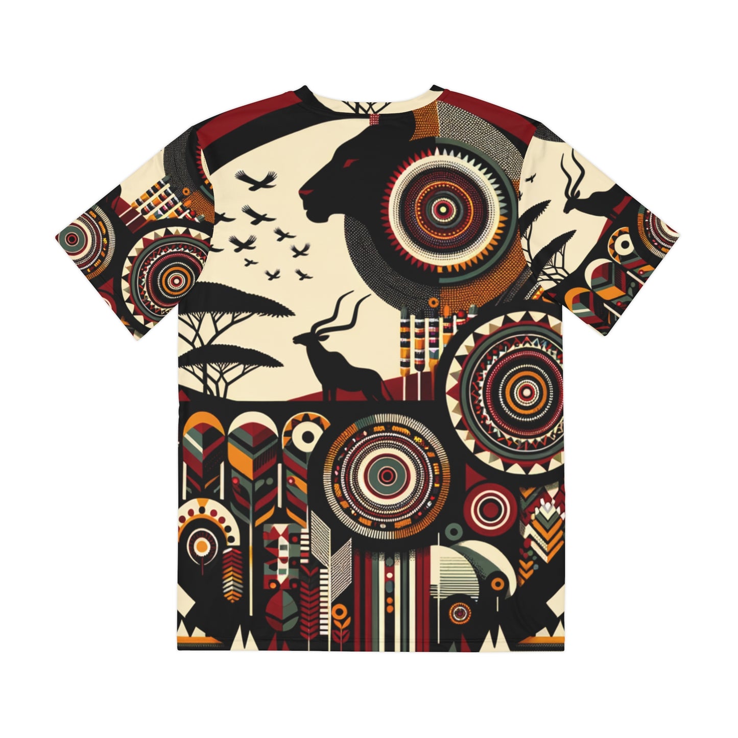 LuckeLadybug abstract tribal tee for men featuring bold geometric and animal patterns in earthy tones