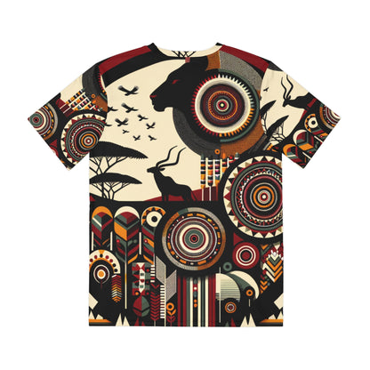 LuckeLadybug abstract tribal tee for men featuring bold geometric and animal patterns in earthy tones
