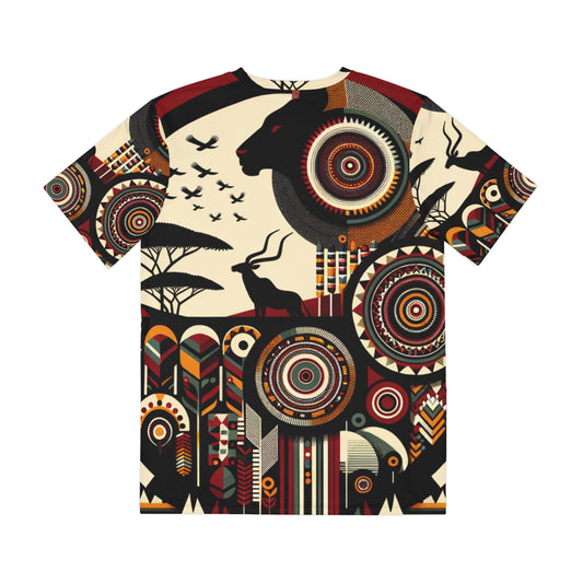 LuckeLadybug abstract tribal tee for men featuring bold geometric and animal patterns in earthy tones