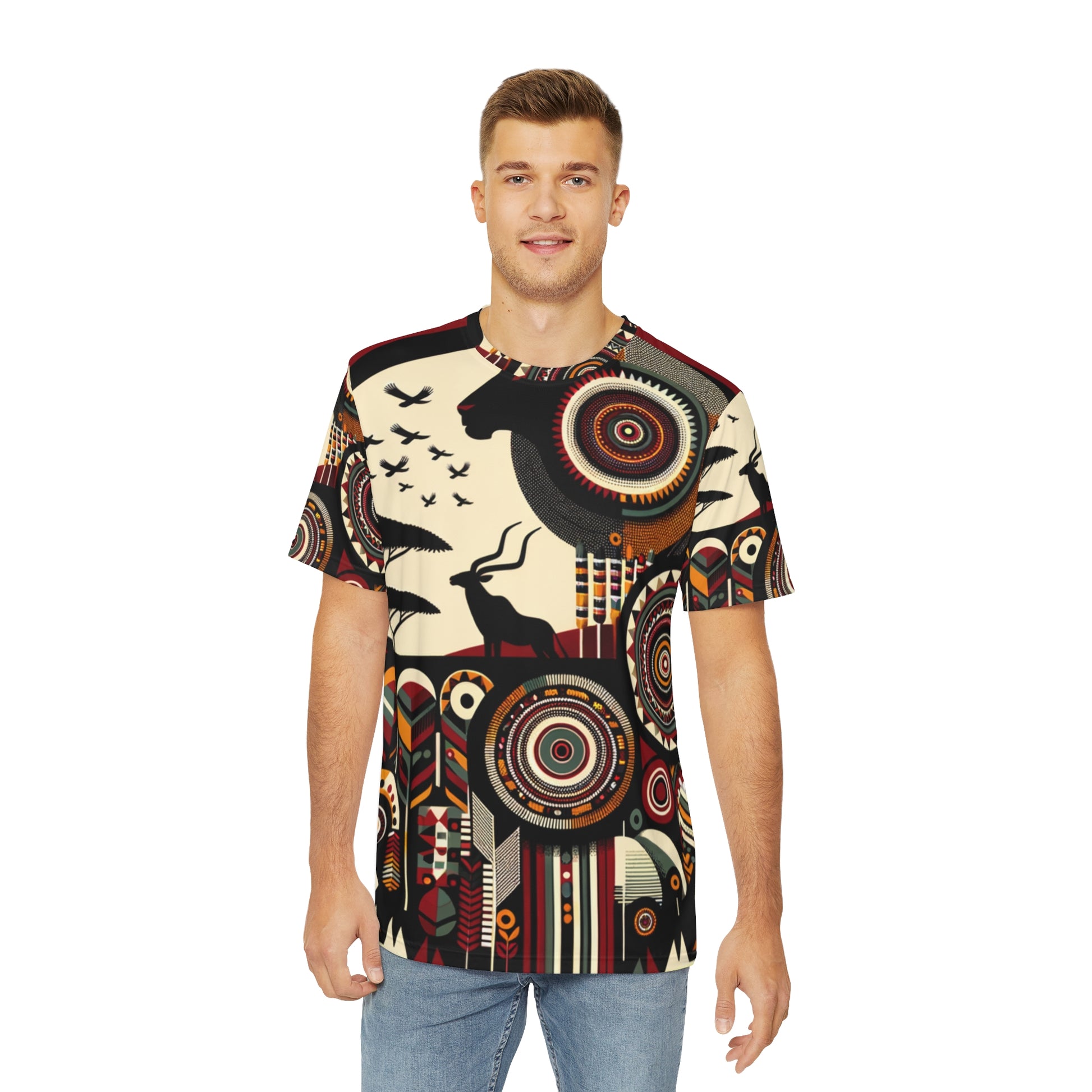 Man wearing LuckeLadybug abstract tribal tee for men with colorful circular and animal patterns