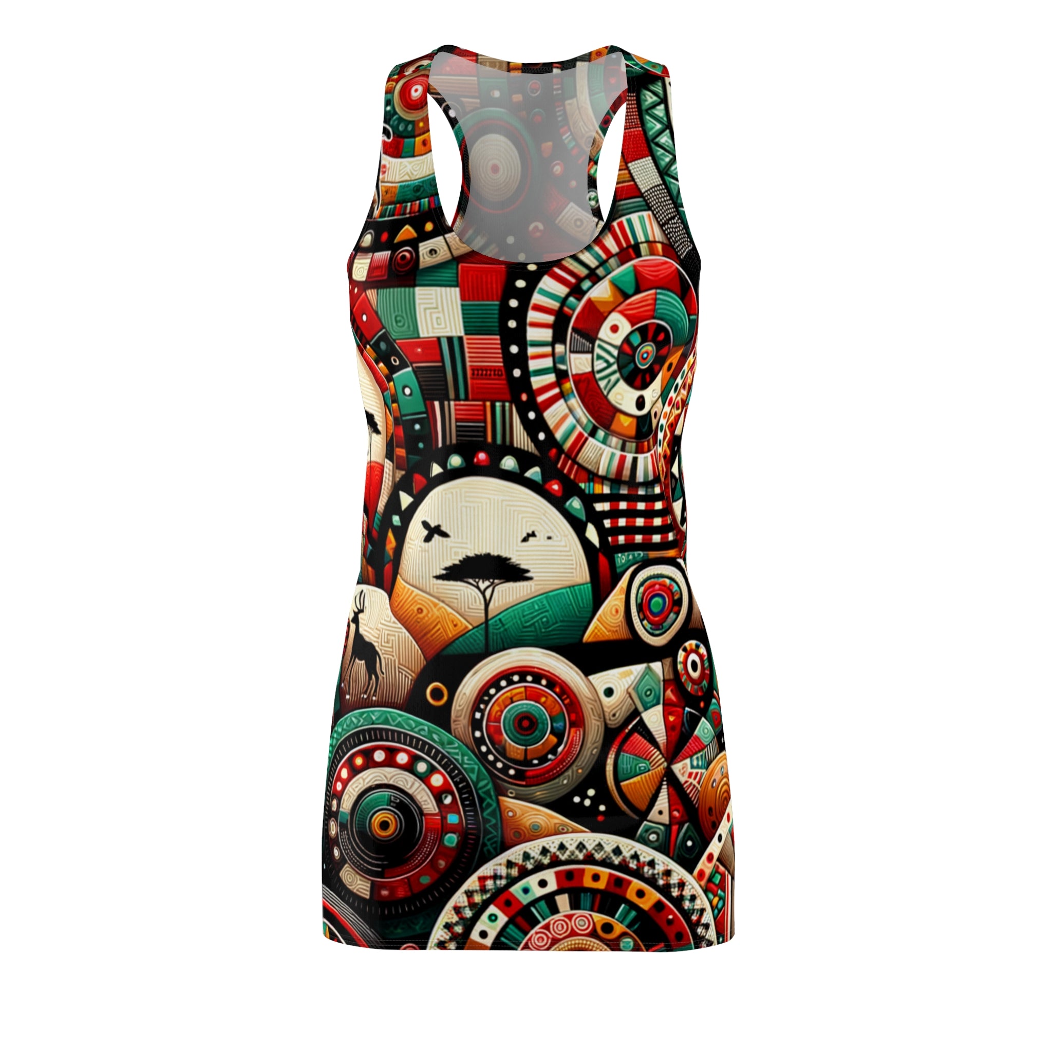 racerback dress featuring vibrant African abstract print dress design with geometric and nature motifs