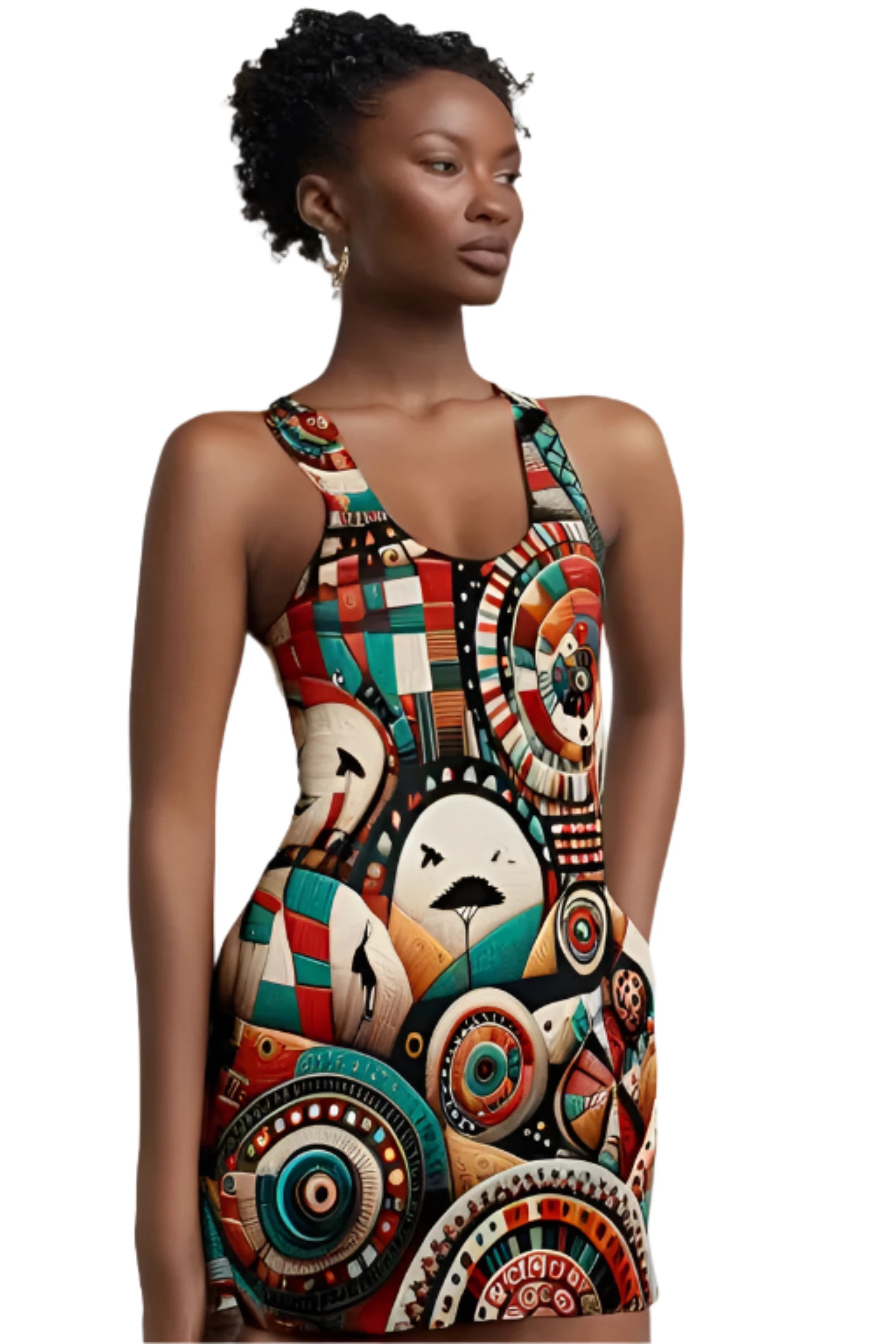 racerback dress featuring vibrant African abstract print dress design with bold geometric patterns