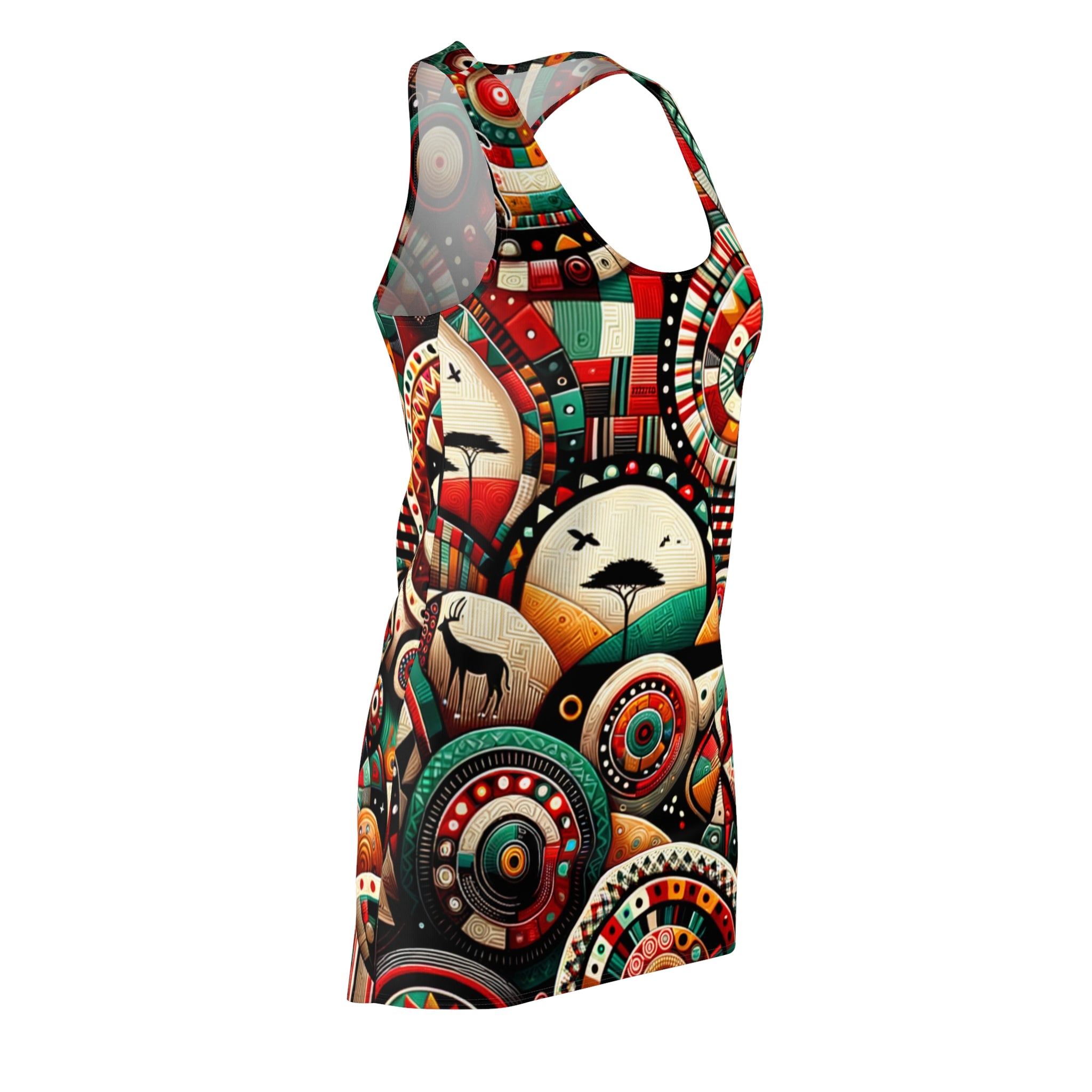 racerback dress featuring vibrant African abstract print dress with colorful geometric and wildlife patterns