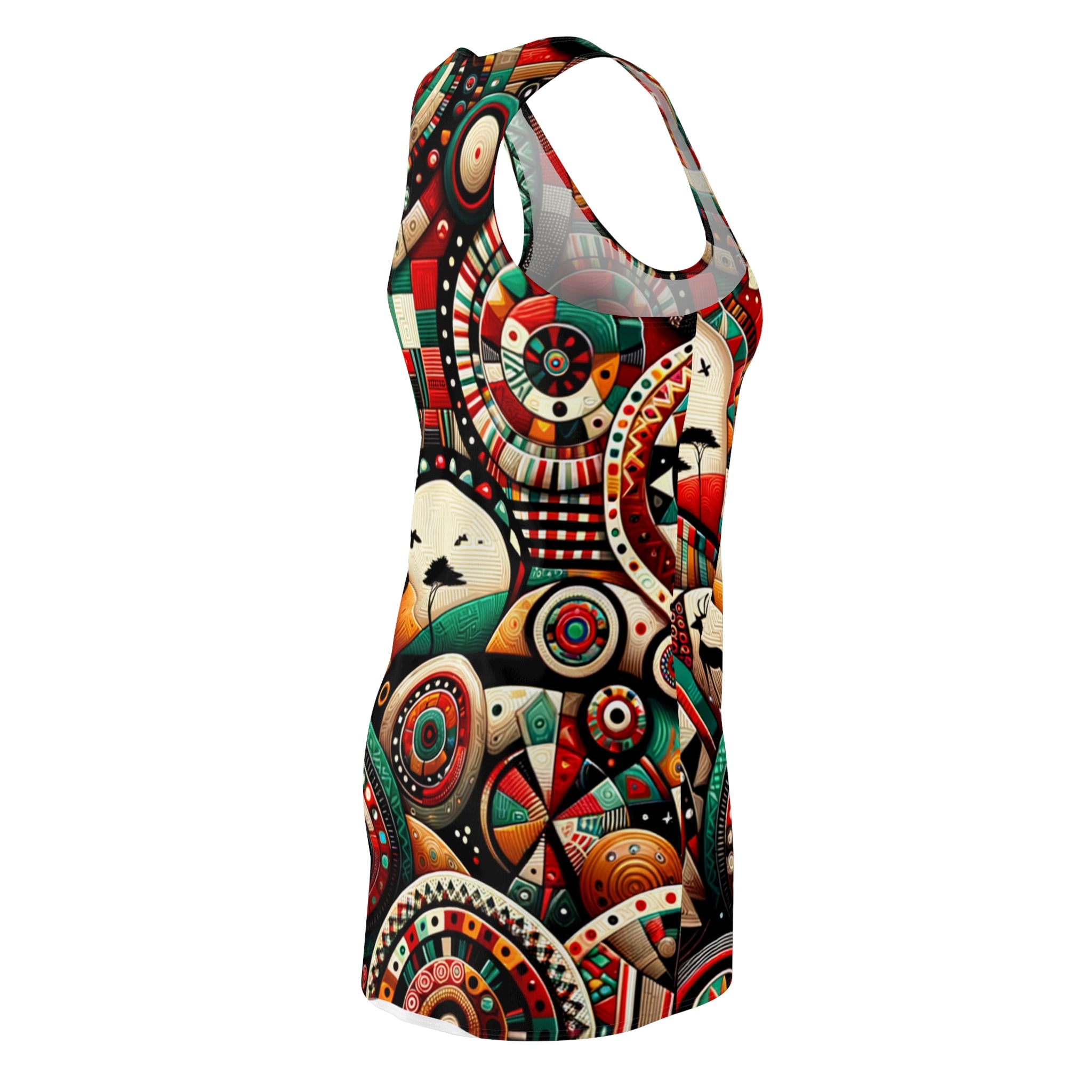 racerback dress featuring vibrant African abstract print dress with colorful geometric patterns