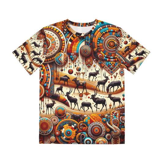 LuckeLadybug African abstract print shirt featuring colorful geometric patterns and animal silhouettes