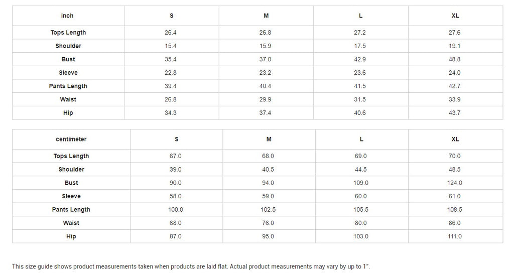 Size chart for Yoycol African-inspired women's pajamas showing measurements for tops and pants in inches and centimeters