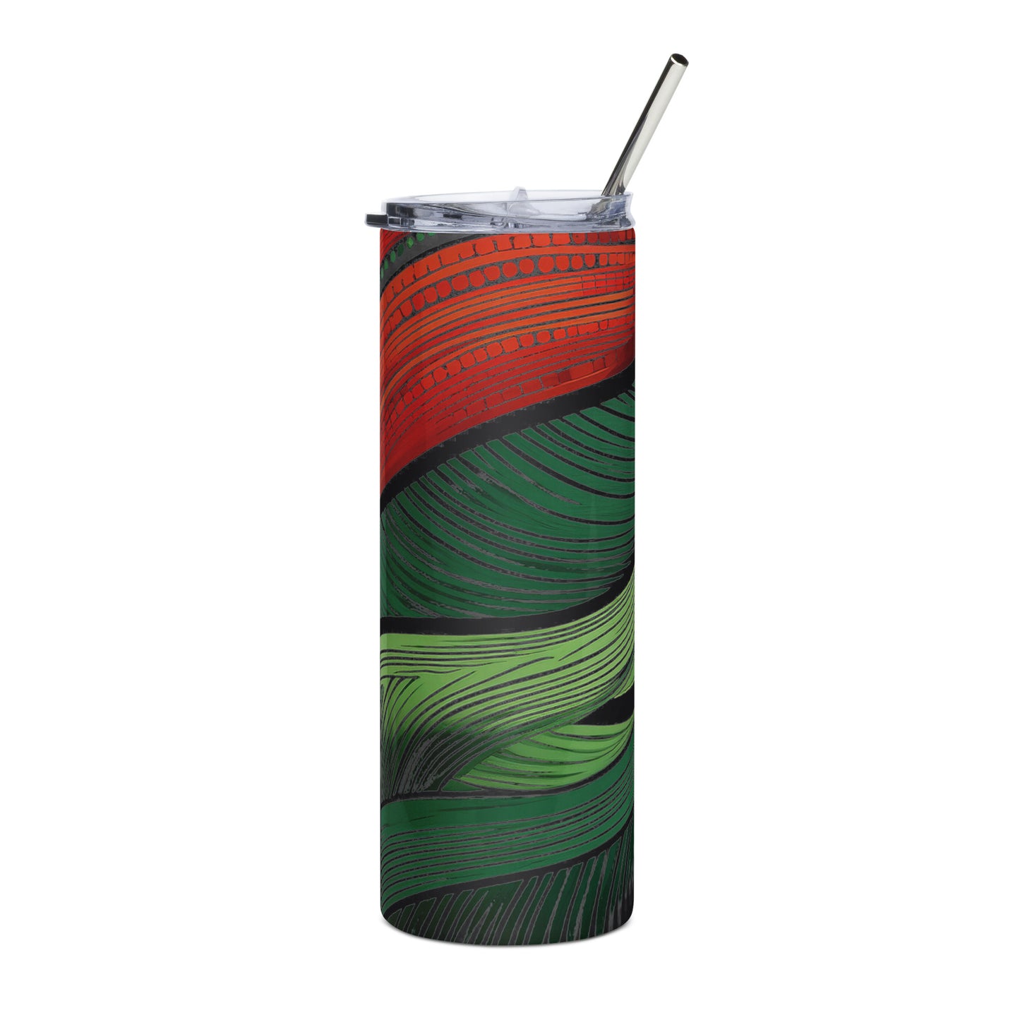 African steel tumbler with red and green leaf pattern stainless steel body and clear lid with metal straw