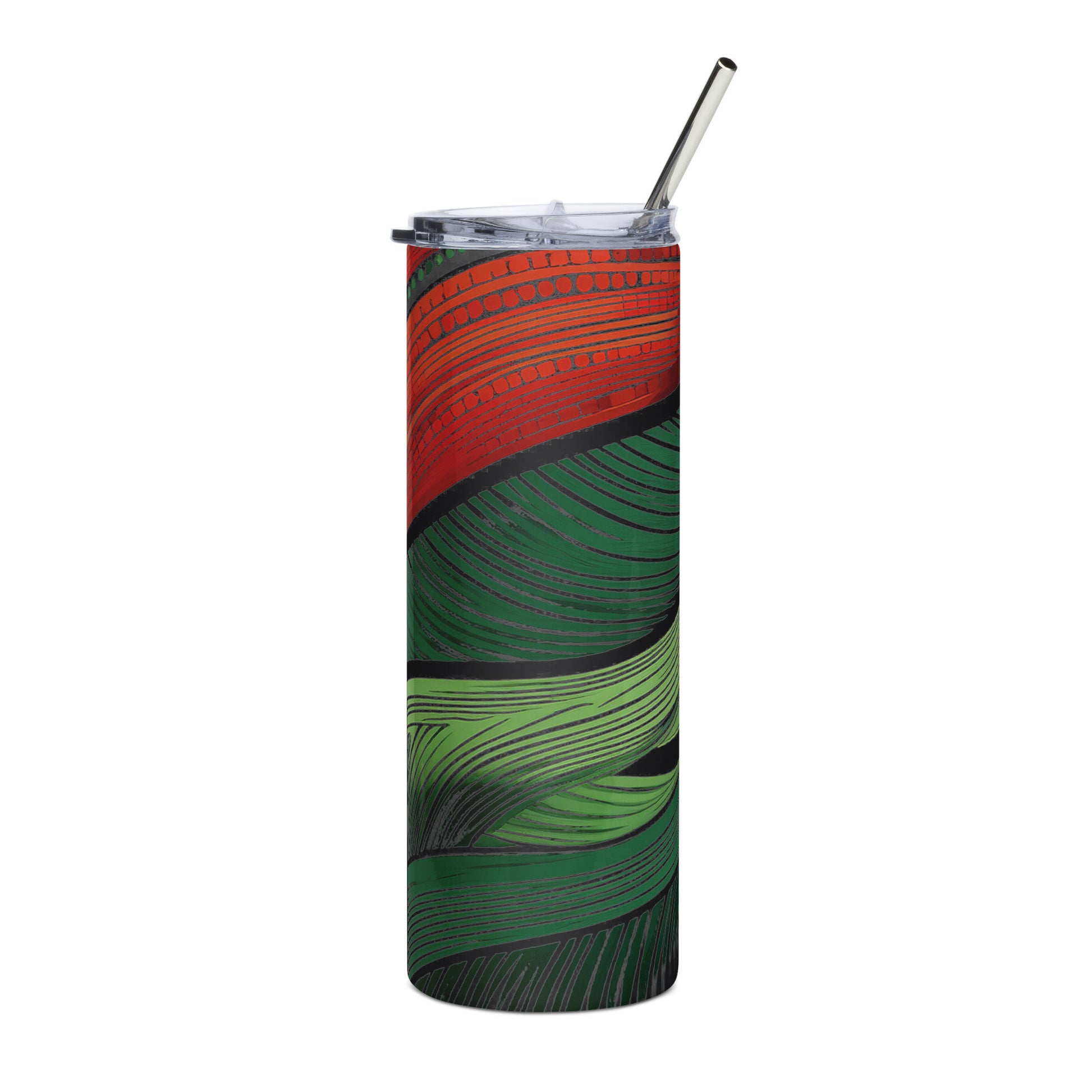 African steel tumbler with red and green leaf pattern stainless steel body and clear lid with metal straw