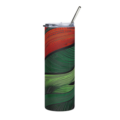 African steel tumbler with red and green leaf pattern stainless steel body and clear lid with metal straw
