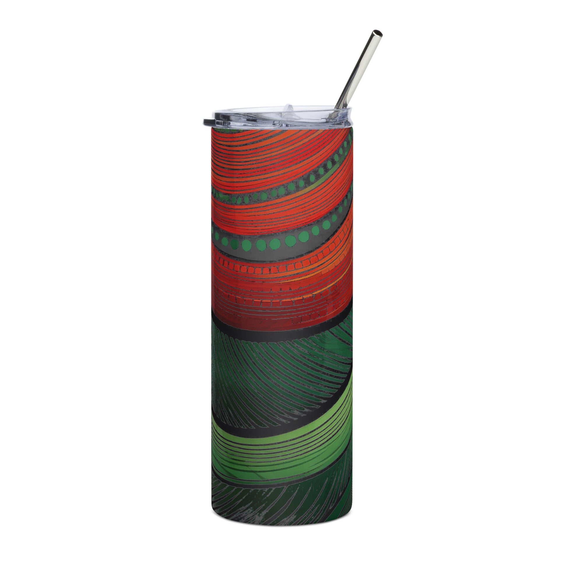 LuckeLadybug African steel tumbler with red and green patterned design and metal straw